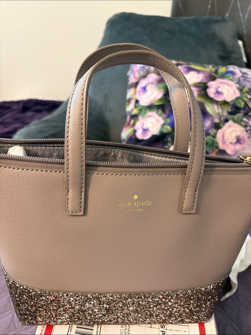 kate spade mauve tote with glitter base and gold logo